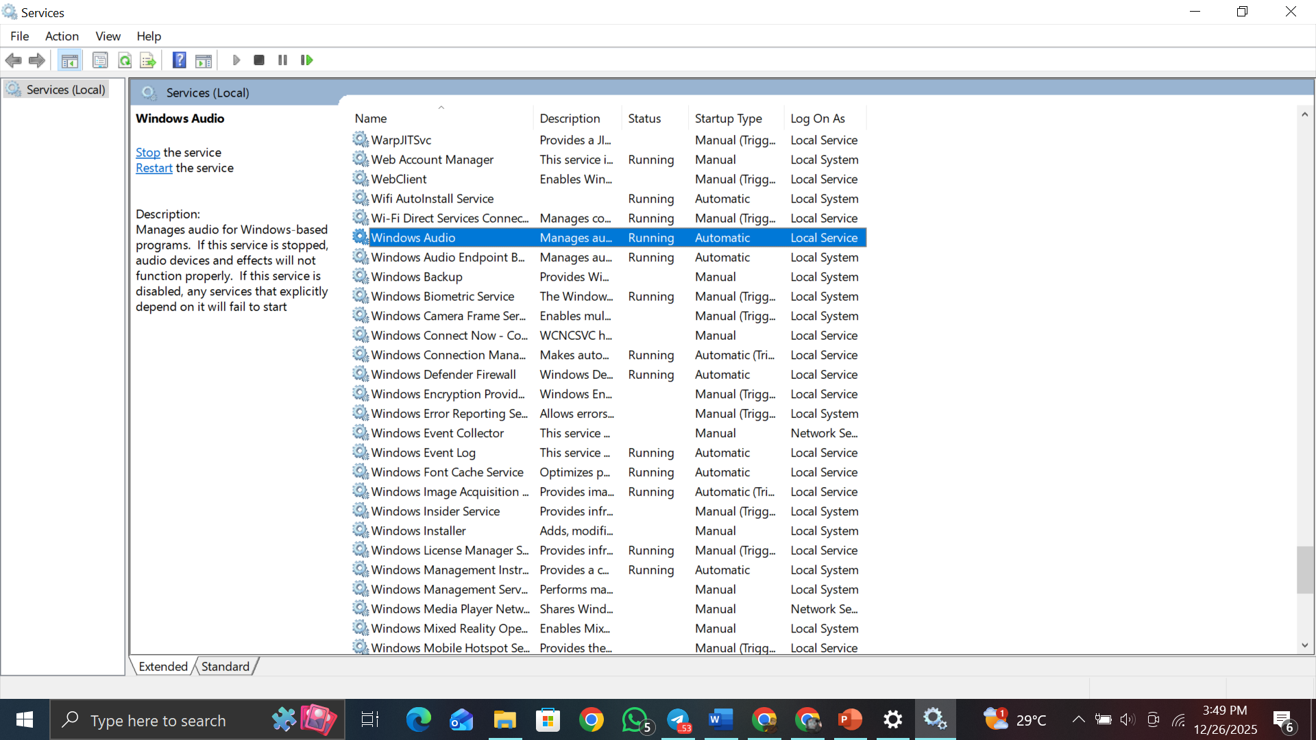 Status Windows Audio Services