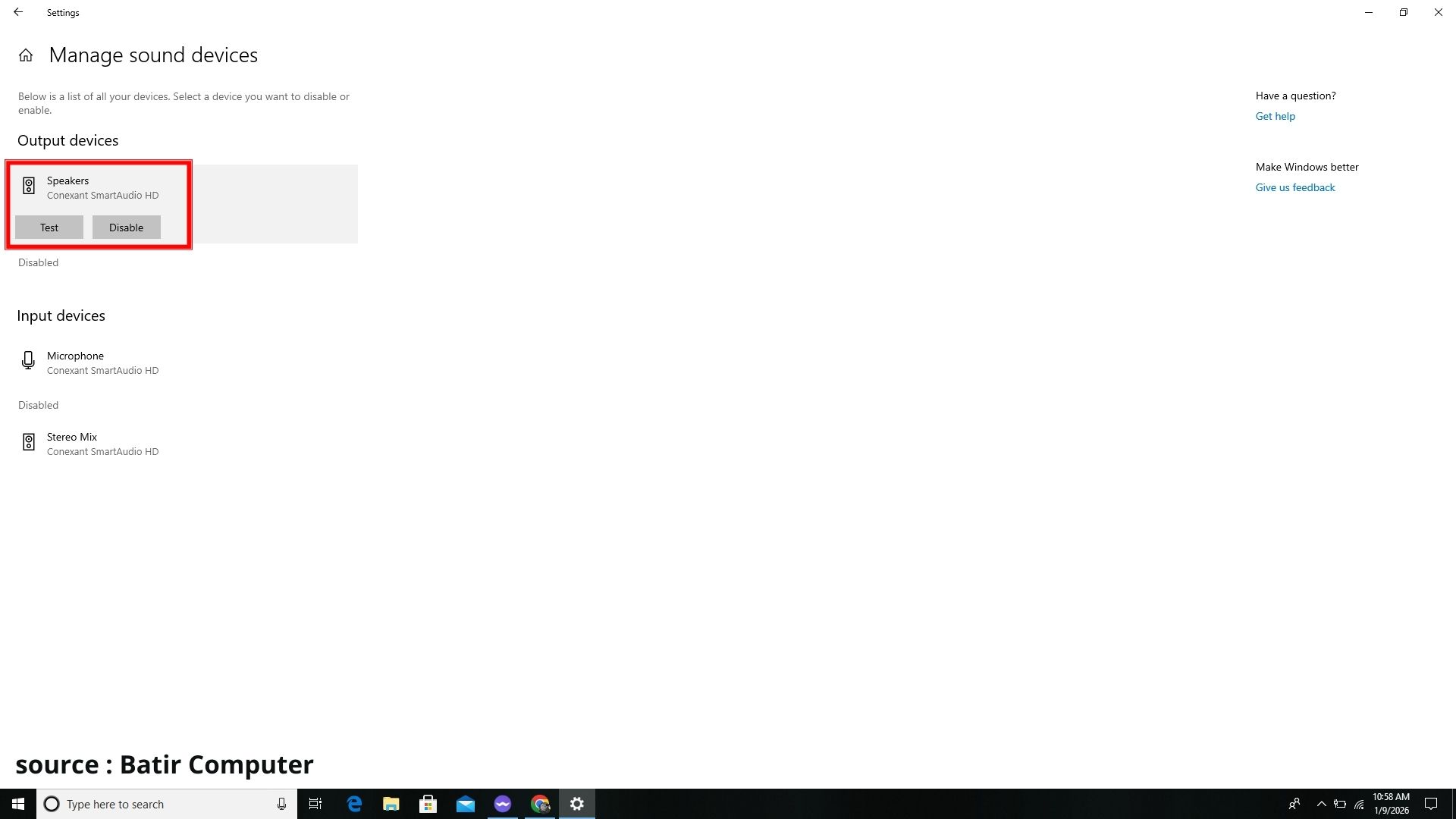 Sound Test di Settings
